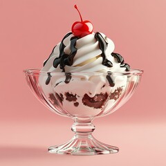 Classic Sundae Dessert with Cherry and Chocolate Sauce in Glass Bowl