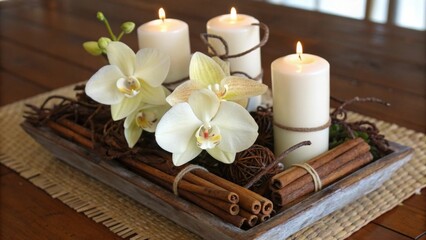 Fototapeta premium Centrepiece table herbs. A cozy centerpiece featuring vanilla orchid and cinnamon herbs for stunning DIY decoration. DIY Decoration Idea.