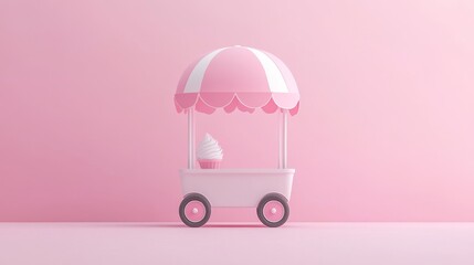 Pink Ice Cream Cart on Pale Pink Background with Swirled Cupcake