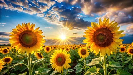 Fototapeta premium Vibrant sunflowers standing tall in a vast field under the bright sun , nature, flowers, vibrant, yellow, field, agriculture, summer