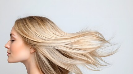 Fototapeta premium Closeup portrait of straight but frizzy blonde hair with static flyaways highlighting the lack of smoothness in the hair texture The image showcases the dynamic wispy
