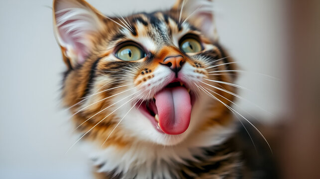 Cat licking lips while waiting for food. Cute female fluffy torbie kitty looking up with long pink tongue out and mouth wide open. Fangs and canine teeth visible. Selective focus.
