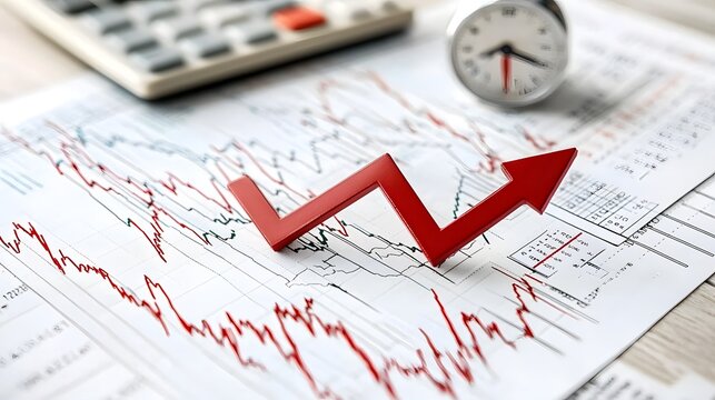Close up of a Red Downward Arrow on a Financial Chart Representing a Decline in the Market Economic Slowdown or Financial Crisis