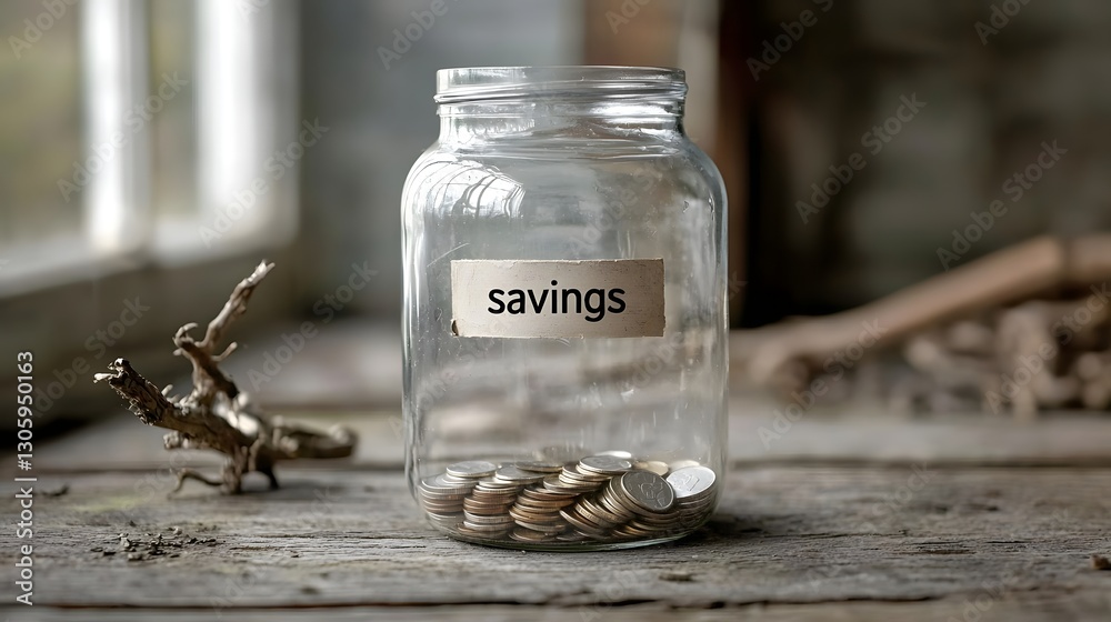 Poster Closeup View of a Transparent Glass Jar Labeled  Savings  Containing Only a Few Coins at the Bottom Highlighting the Concept of Setting Aside Money for the Future and Financial Security