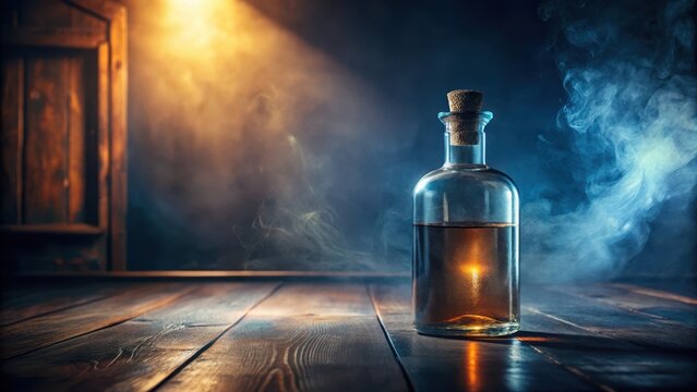 Bottle of mysterious liquid in dimly lit room, mystical elixir