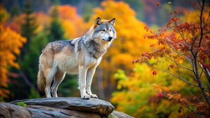 Fototapeta premium Lone Timber wolf standing on a rock looks back on an autumn day in Canada , wolf, wildlife, Canis lupus, autumn, Canada
