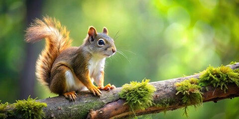 Fototapeta premium Adorable squirrel perched on a tree branch in a lush forest setting , woodland, wild animals, birds, cute, nature, adorable