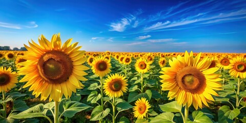 Obraz premium Vibrant sunflowers in a vast field under a clear blue sky, sunflowers, field, nature, vibrant, yellow, sunny, agriculture, rural