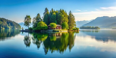 Obraz premium Serene island getaway on a tranquil lake, scenic view, serene landscape