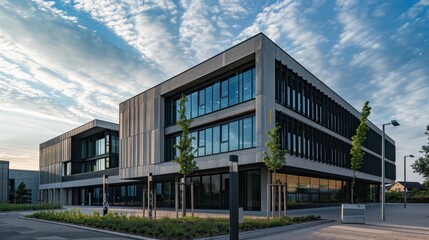 Fototapeta premium Modern building with concrete and glass elements, creating a sleek and contemporary design.