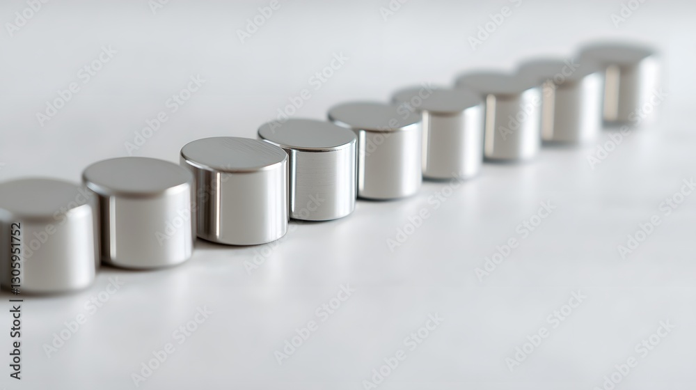 Poster Detailed view of a row of precisely aligned cylindrical bar magnets with a smooth metallic finish creating an industrial scientific and minimalist visual composition