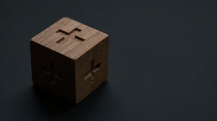 Obraz premium A dark wooden cube with an incised cross design, resting on a dark surface. The simple, minimalist aesthetic evokes a sense of quiet contemplation.