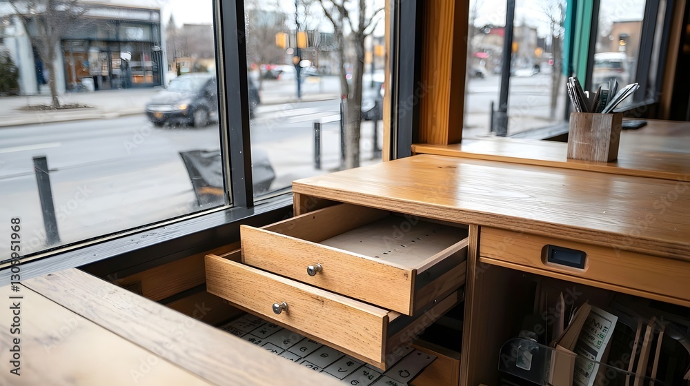 Poster Detailed view of an empty cash register drawer left open highlighting the concept of financial loss neglect or abandoned retail The image conveys a sense of emptiness lack of activity