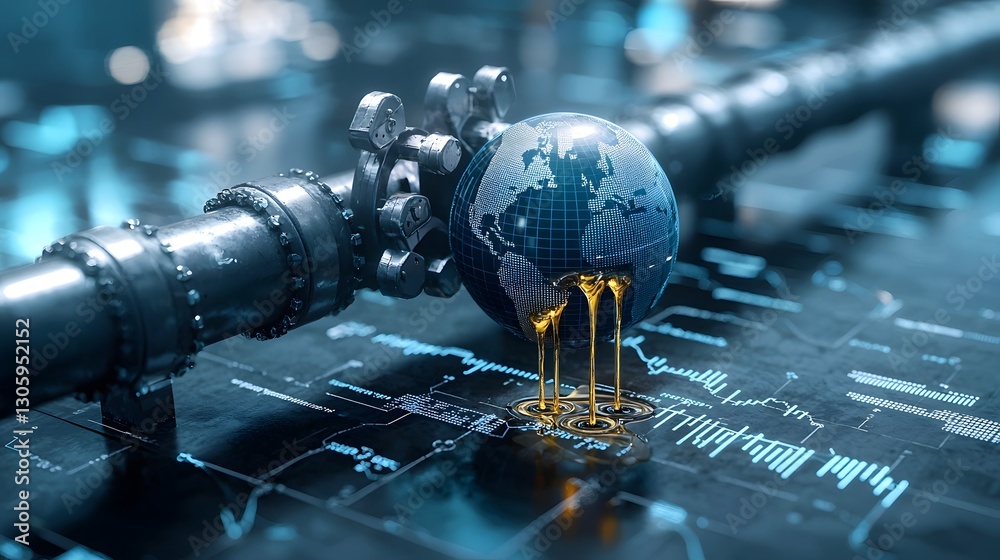 Leinwandbilder digital depicting a globe wrapped in an oil pipeline with dripping oil forming a dynamic financial c