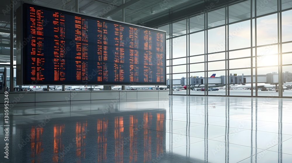 Aufkleber expansive electronic airport departure board reflected on the sleek polished floor of a modern termi