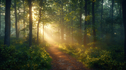 Fototapeta premium Sunlight streaming through trees forest path nature scene tranquil environment outdoor view serenity concept for wellness