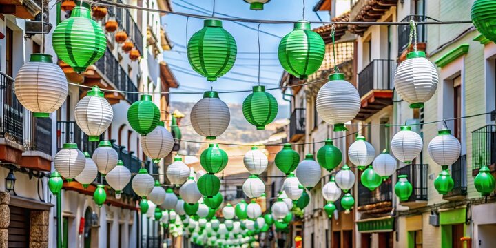 Farolillos de papel blanco y verde que decoran las calles de un pueblo espa?ol en fiestas, paper lanterns, Spanish celebrations