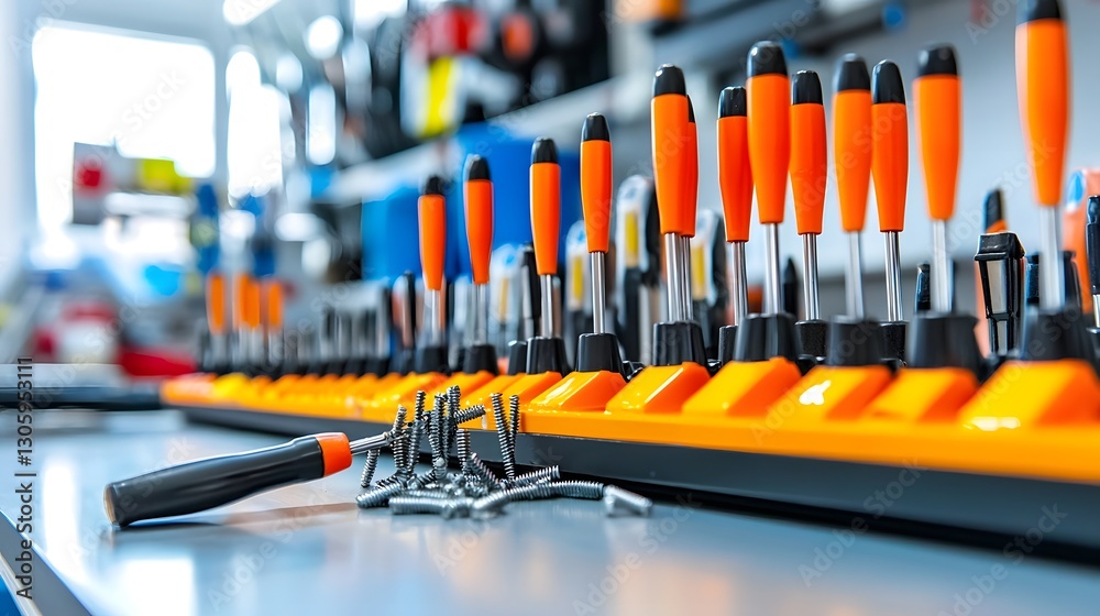 Aufkleber high detail view of magnetic screwdrivers picking up small metal screws on a cluttered industrial wo