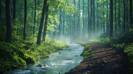 Fototapeta premium Tranquil stream flowing through lush forest nature scene early morning serene environment landscape viewpoint peaceful concept