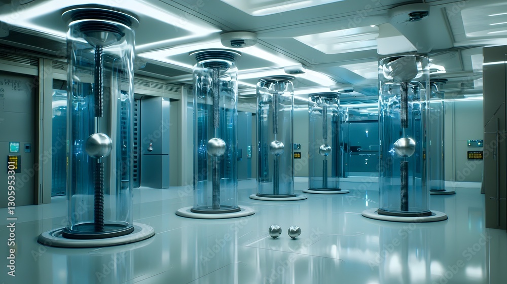 Poster High detail view of magnets levitating small metallic objects in a futuristic minimalist scientific setup or laboratory environment  The levitating objects are suspended in mid air