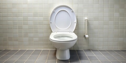 Toilet seat open in a tiled restroom, with clean and shiny surface, porcelain, plumbing,  porcelain, plumbing, facilities