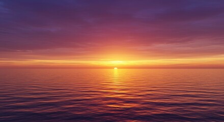 Fototapeta premium Golden Hour Horizon: A breathtaking panorama of a vibrant sunset over the vast ocean. The sky explodes with rich hues of crimson, gold, and violet, reflecting on the shimmering water. The sun.