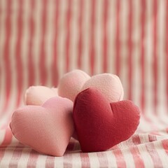 Fototapeta premium Cozy and romantic scene with three plush hearts in pink and red tones on a striped background