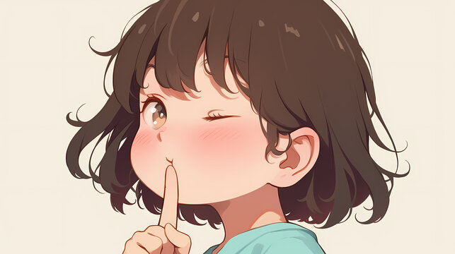 Young girl playfully making a shushing gesture, with a light background suggesting a calm atmosphere