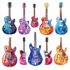 Vintage Colorful Watercolor Guitar Illustration Collection 