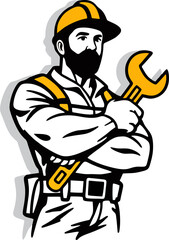 A confident and muscular construction worker mascot wearing a hard hat and suspenders, holding a large yellow wrench while making a strong fist gesture. 
