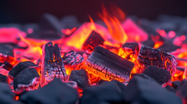 Glowing Charcoal Briquettes with Embers and Flames at Night Time