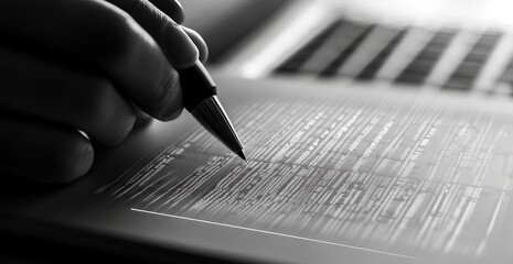Close Up of Hand Holding Pen Over Open Laptop Screen in Black and White