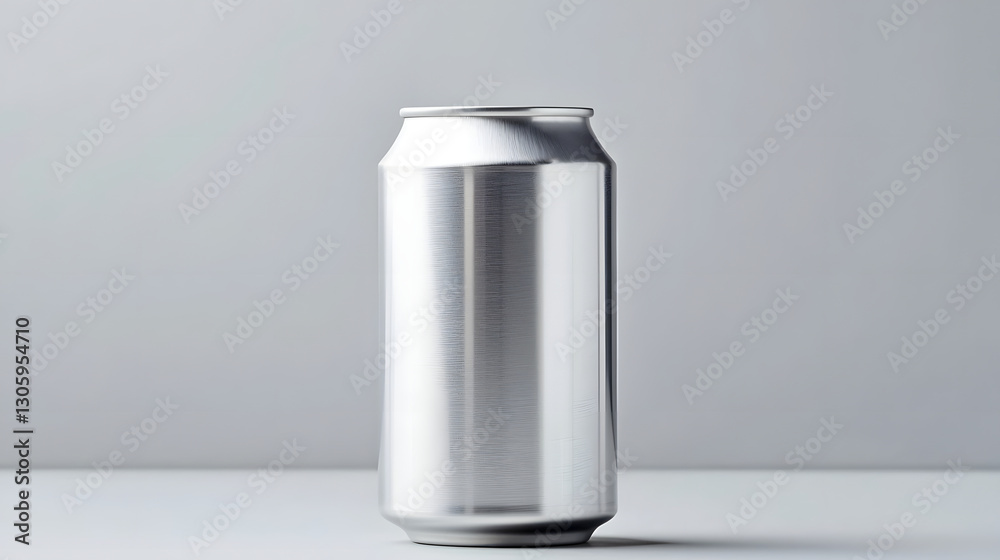 Poster photograph of a matte silver soda can with a seamless finish and a glossy top presented in a simple 