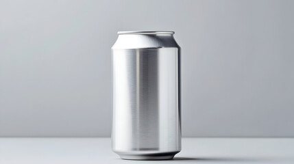 photograph of a matte silver soda can with a seamless finish and a glossy top presented in a simple clean studio setting  The can s minimalist design showcases its elegant and sleek appearance
