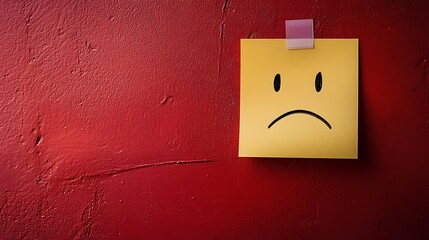 Yellow sticky note with drawn sad unhappy emoji face on red background,

