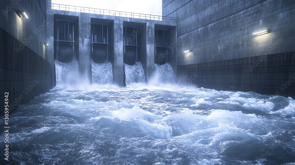 Poster futuristic hydro energy station design showcasing advanced technology and sustainability in a detail