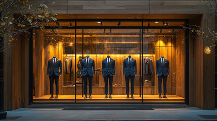 Elegant business attire display urban boutique fashion showcase trendy environment street view professionalism and style
