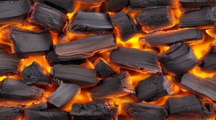 Fototapeta premium Charcoal Background with Glowing Embers and Textured Wood Pieces