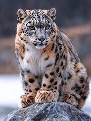 Fototapeta premium A striking snow leopard sits proudly atop a large rock, overlooking its mountainous domain as soft morning light bathes the surroundings in a tranquil glow.