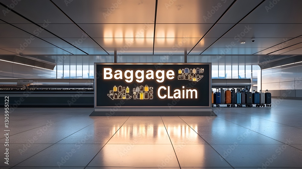 Aufkleber shot of an illuminated Baggage Claim sign in multiple languages with a luggage conveyor belt visible in the background of a modern empty airport terminal