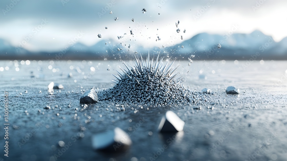 Poster shot of mesmerizing magnetic powder forming spiky chaotic abstract patterns in a strong electromagne