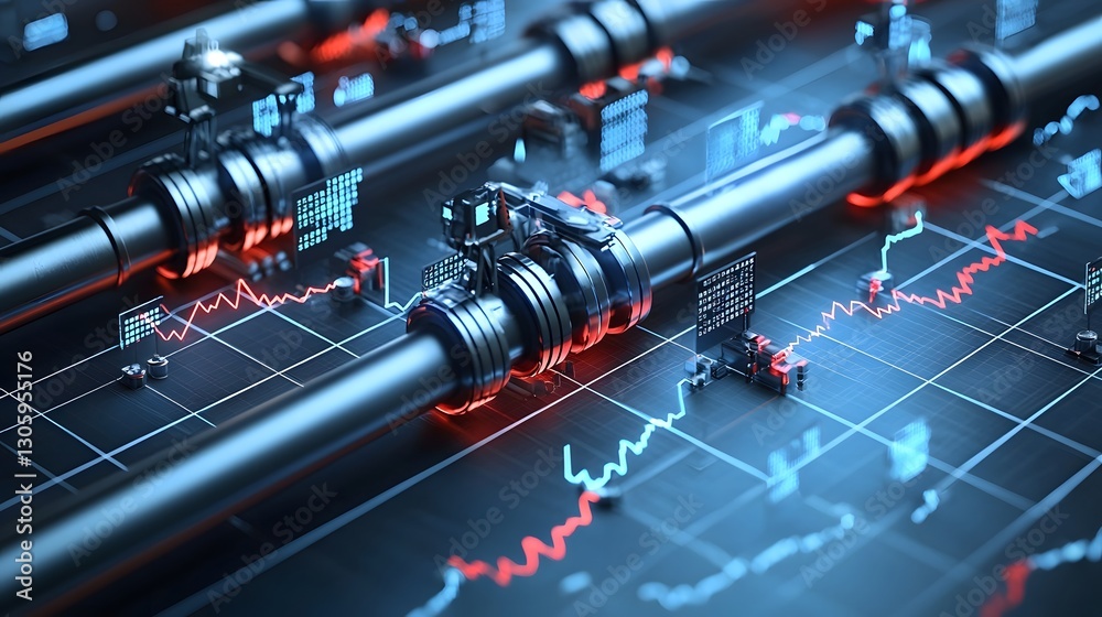 Poster shot of oil pipelines intertwining with market graphs symbolizing the interconnected nature of energ