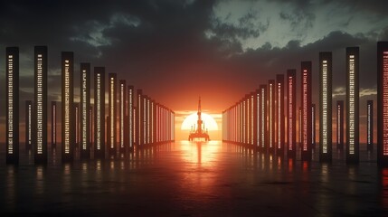 shot of oil drilling rigs silhouetted against a rising sun and financial tickers creating a dramatic and futuristic industrial landscape