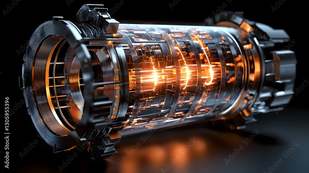 Aufkleber view of a electromagnetic coil tightly wrapped around a metallic core glowing softly with a futurist