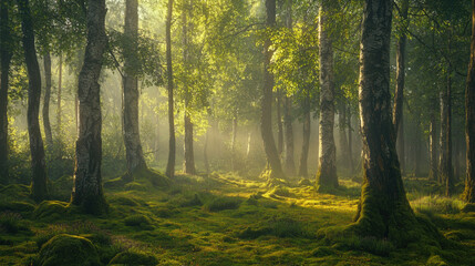 Obraz premium Sunlit forest path tranquil wilderness nature photography lush greenery ground level view serenity and exploration