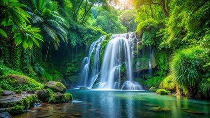 Obraz premium Waterfall surrounded by lush greenery and flowing water amidst a serene natural landscape, greenery, calm, greenery
