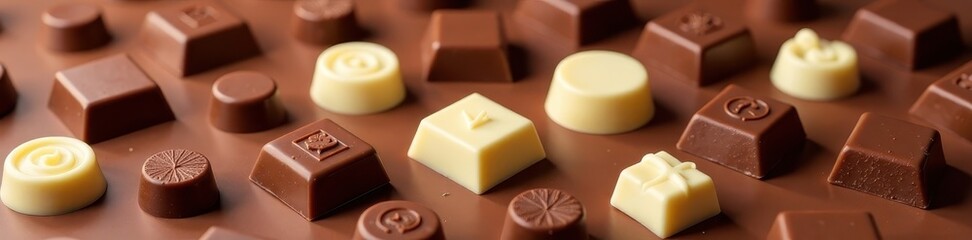 Assorted milk chocolate pieces, various shapes, texture, creamy