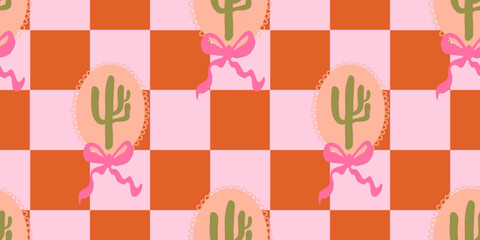 Desert coquette illustration with cactus and bows. Tile seamless pattern in groovy 60s 70s vibes. Minimal background