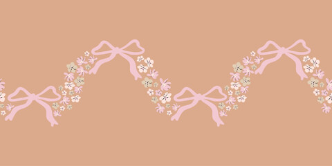 Vector cute Coquette seamless Border with Pink ribbon bow and flowers. Classic elegance flower banner.