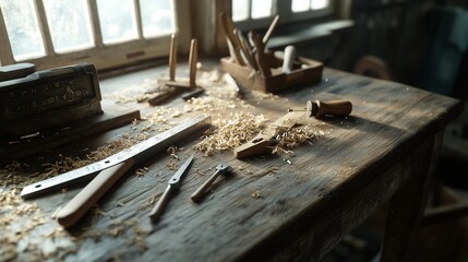 Crafting tools on a wooden workbench artisan workshop photography indoor environment close-up view craftsmanship